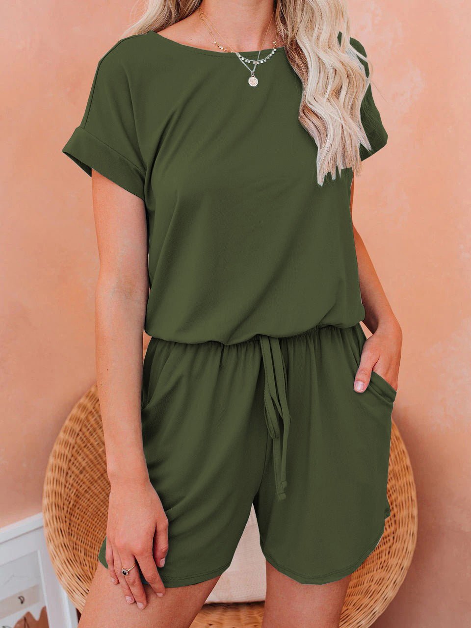 Drune | Damen Jumpsuits Solid Kurzarm Schnürverschluss Lässiger Jumpsuit