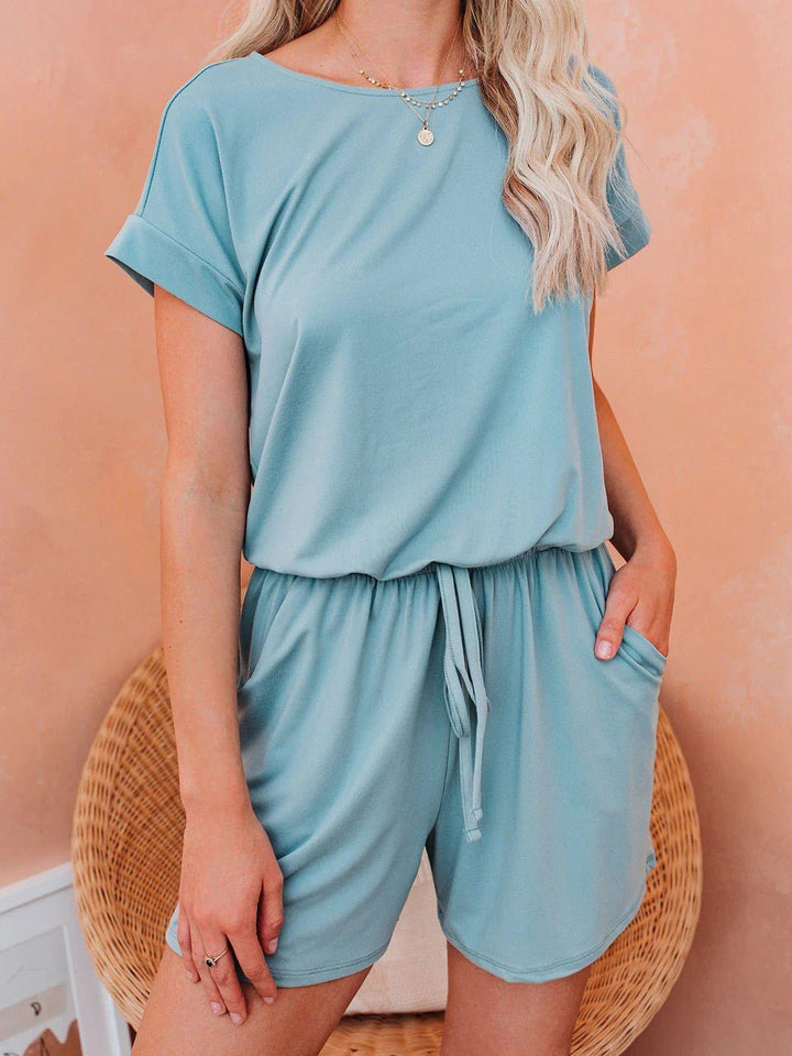 Drune | Damen Jumpsuits Solid Kurzarm Schnürverschluss Lässiger Jumpsuit