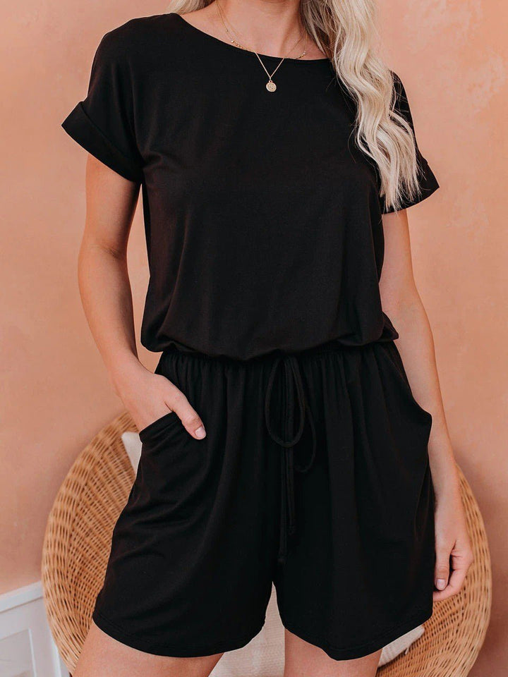 Drune | Damen Jumpsuits Solid Kurzarm Schnürverschluss Lässiger Jumpsuit