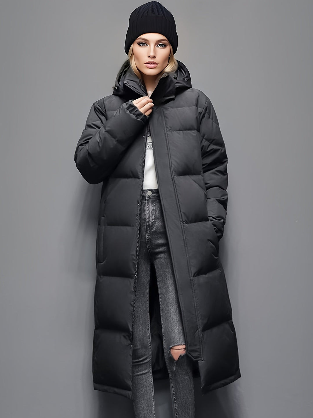 Drune | Damen Langer Daunenmantel mit Kapuze für Herbst/Winter