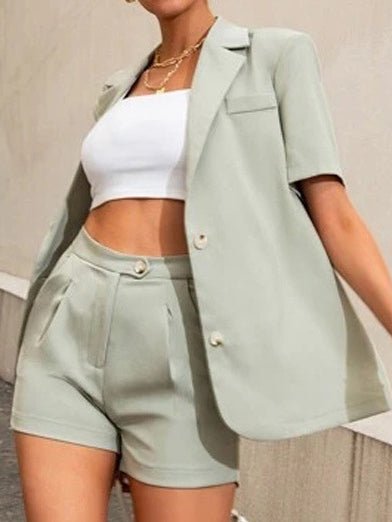 Drune | Damen Set Solide Blazer & Hohe Taille Shorts 2 Teiliges Set