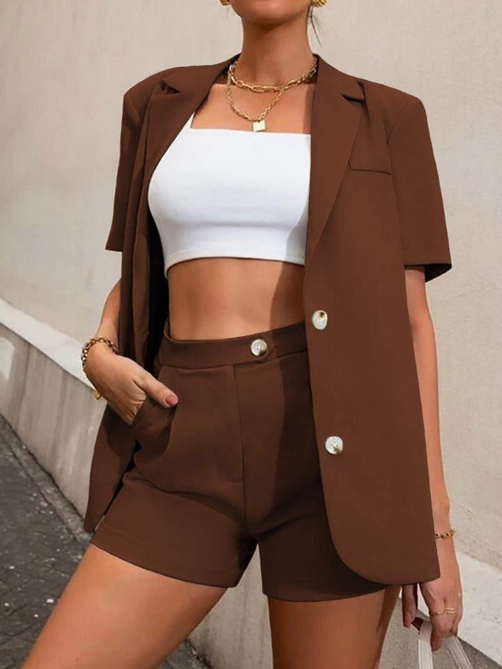 Drune | Damen Set Solide Blazer & Hohe Taille Shorts 2 Teiliges Set