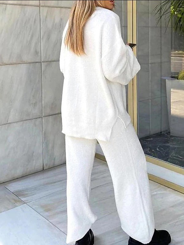 Drune | Damen Set Einfarbig V-Ausschnitt Lässige Langarm Top & Hose Warm Zweiteilig Set