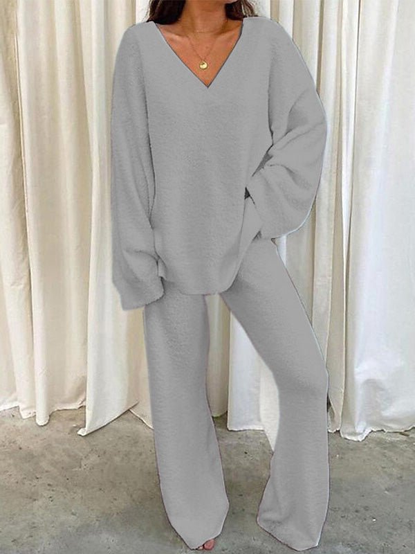 Drune | Damen Set Einfarbig V-Ausschnitt Lässige Langarm Top & Hose Warm Zweiteilig Set