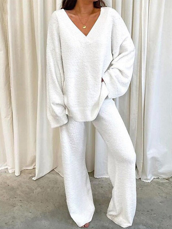 Drune | Damen Set Einfarbig V-Ausschnitt Lässige Langarm Top & Hose Warm Zweiteilig Set