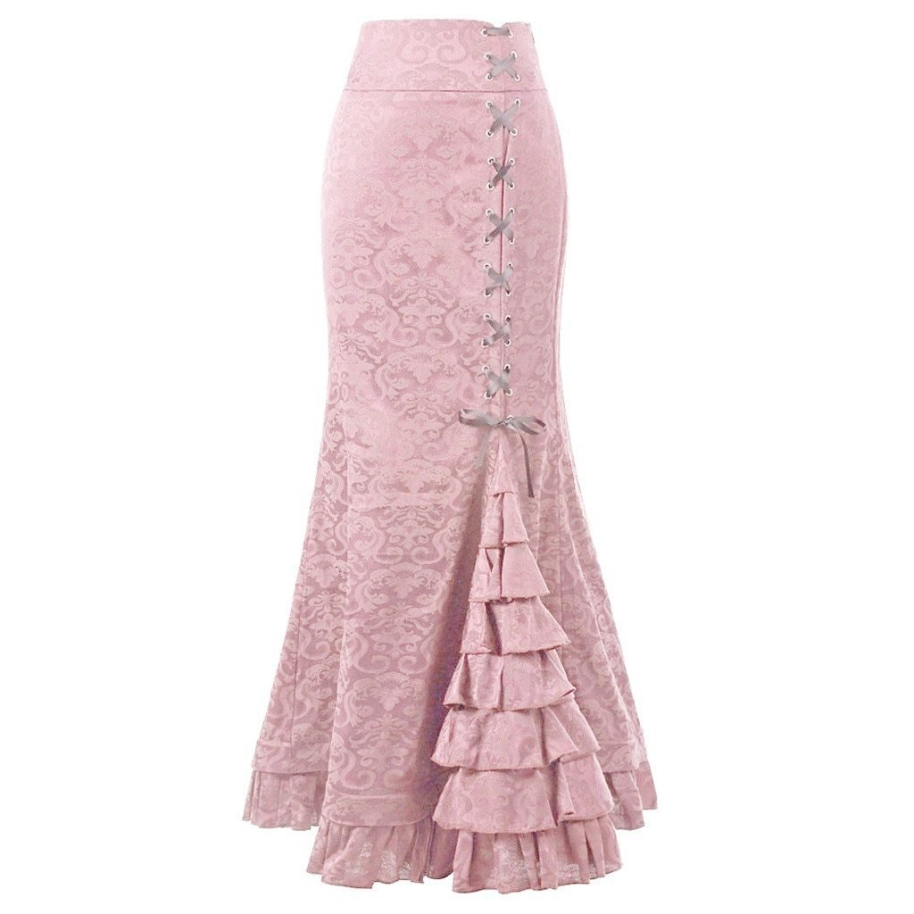 Drune | Damen Mermaid Lange Rüsche Schlank Fit Fishtail Schnürrock