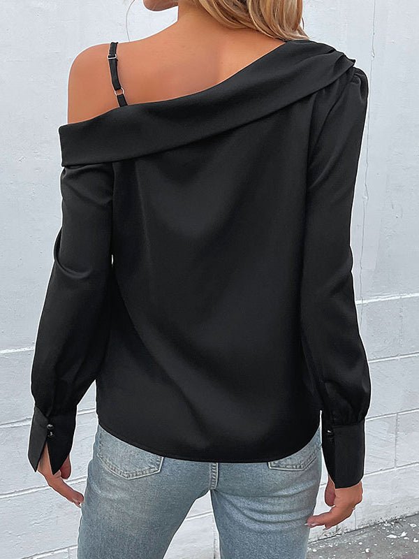 Drune | Damen T-Shirts Unregelmäßig Schwarz Träger Langarm T-Shirt