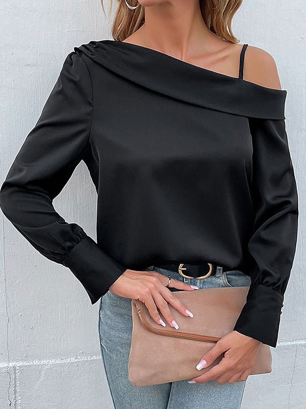 Drune | Damen T-Shirts Unregelmäßig Schwarz Träger Langarm T-Shirt