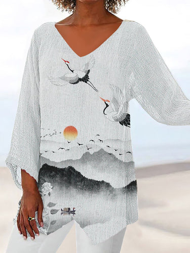 Drune | Damen T-Shirts Locker Print V-Ausschnitt Kurze Ärmel T-Shirt