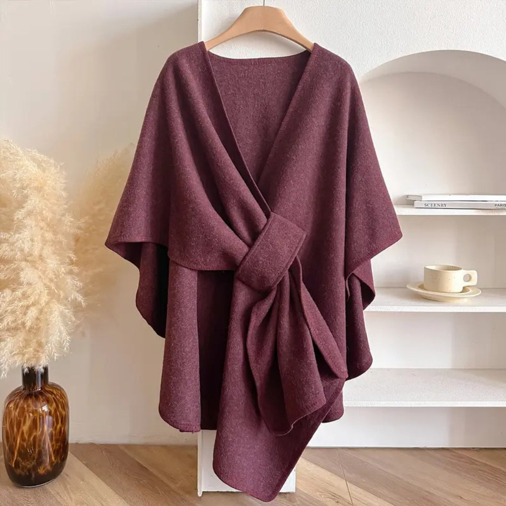 Drune | Damen Drapierter Woll Poncho Mantel mit Taillengürtel