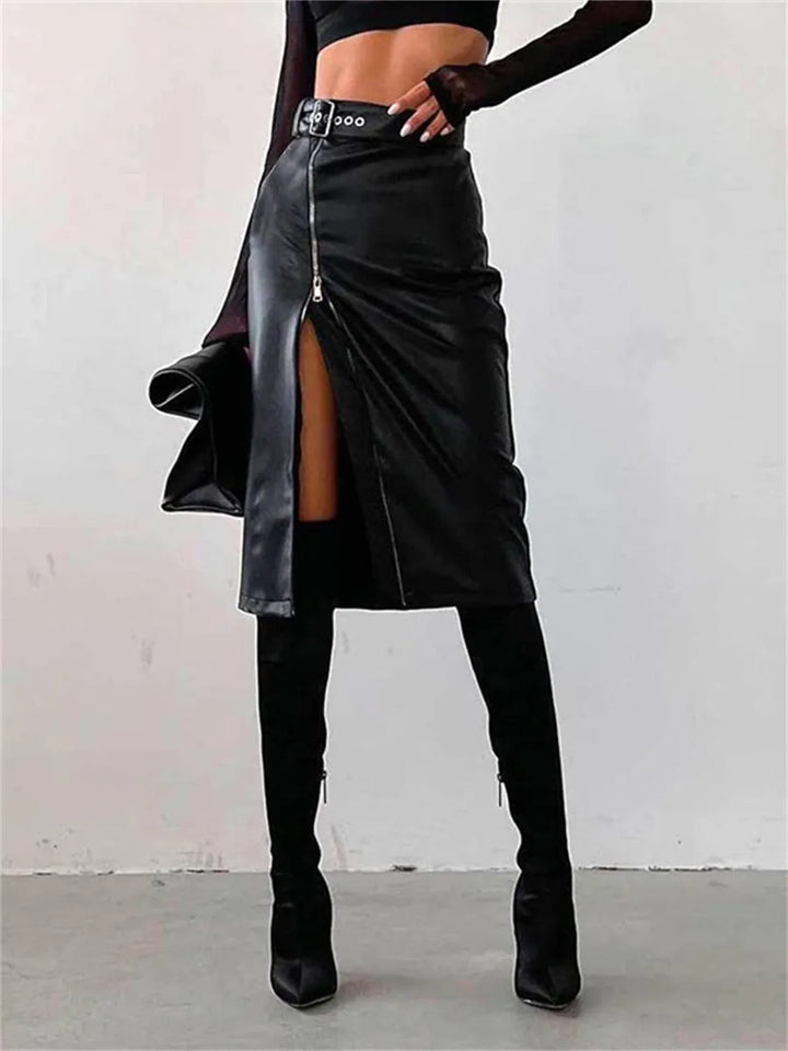 Drune - Eleganter PU-Leder Bleistiftrock mit hohem Bund und Reißverschluss