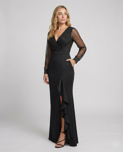 Drune | Langes, Glänzendes, mit Pailletten Gerüschtes, Elegantes Abendkleid In Schwarz