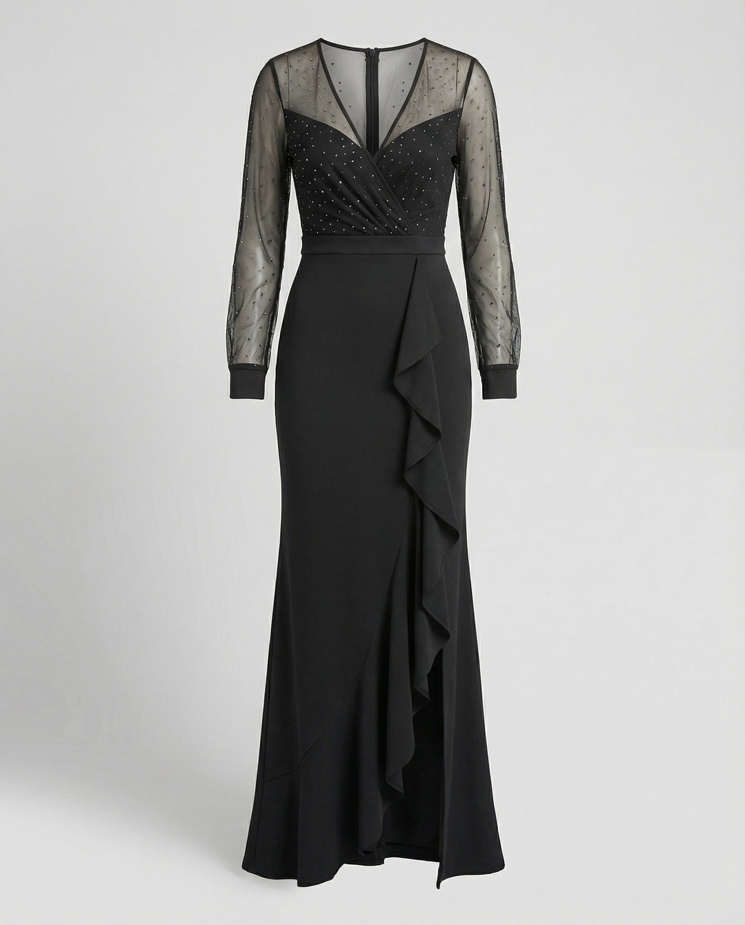 Drune | Langes, Glänzendes, mit Pailletten Gerüschtes, Elegantes Abendkleid In Schwarz