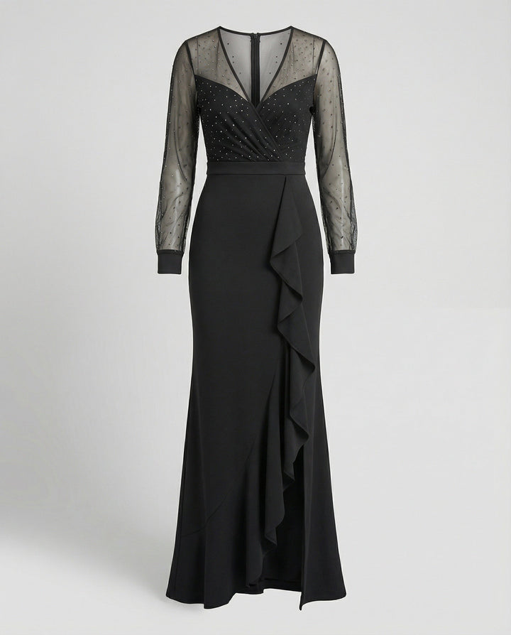 Drune | Langes, Glänzendes, mit Pailletten Gerüschtes, Elegantes Abendkleid In Schwarz
