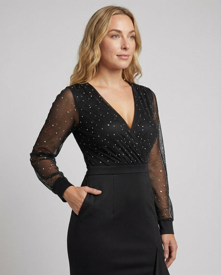 Drune | Langes, Glänzendes, mit Pailletten Gerüschtes, Elegantes Abendkleid In Schwarz