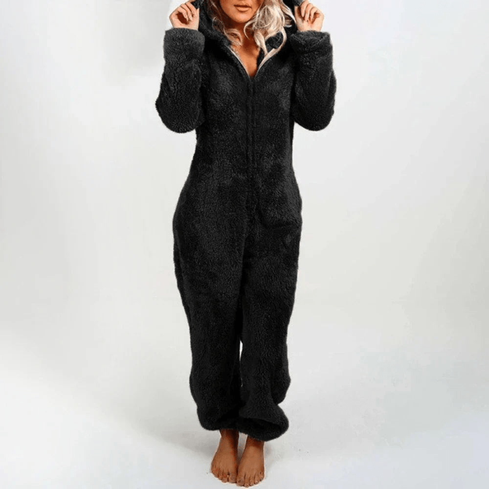Drune | Verspielter Teddybären Damen Jumpsuit Weiche Plüsch Pyjama