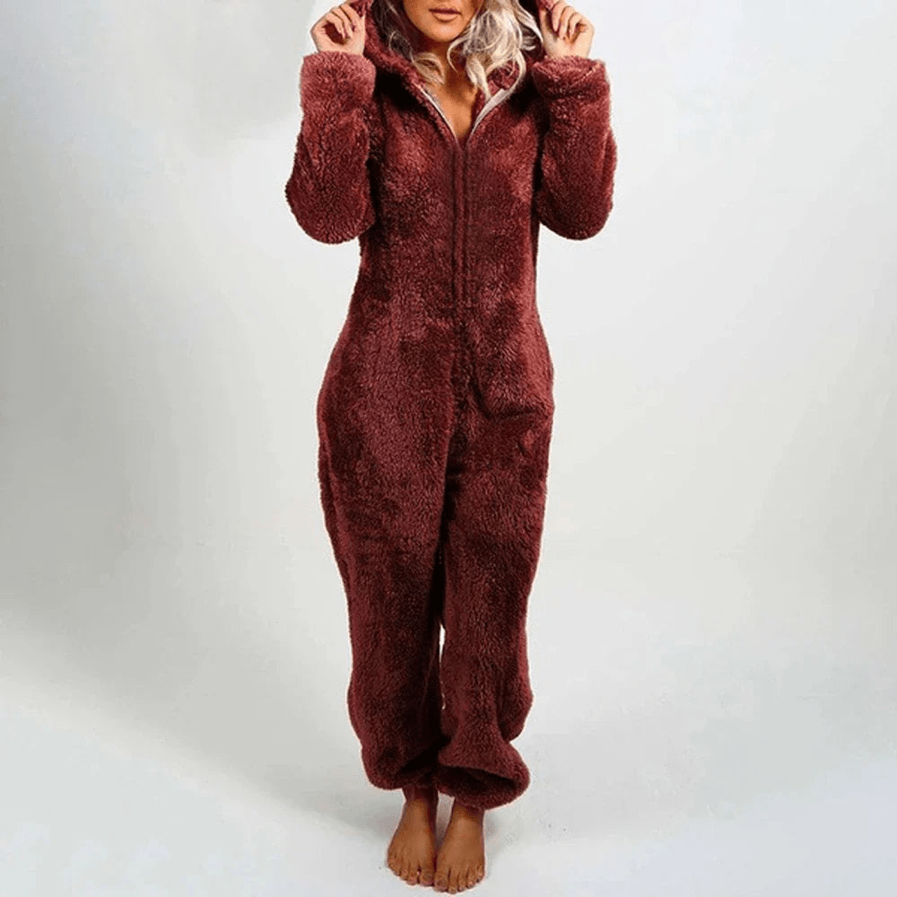 Drune | Verspielter Teddybären Damen Jumpsuit Weiche Plüsch Pyjama