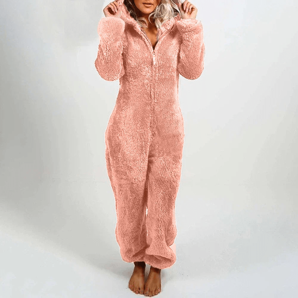 Drune | Verspielter Teddybären Damen Jumpsuit Weiche Plüsch Pyjama