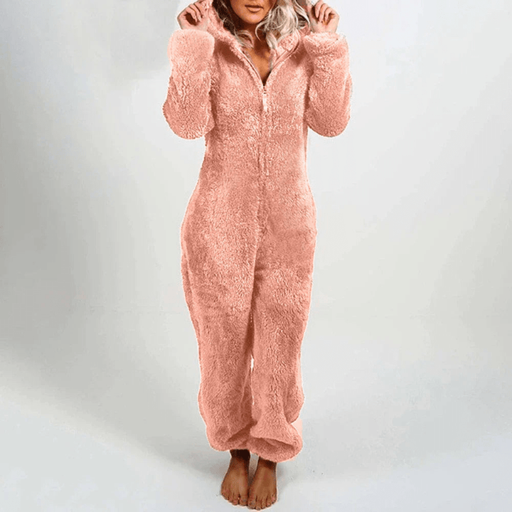 Drune | Verspielter Teddybären Damen Jumpsuit Weiche Plüsch Pyjama