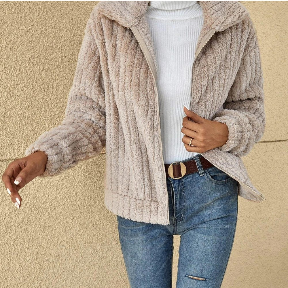 Drune | Lässige Plushjacke mit Reißverschluss Kunstfell Warm und Elegant