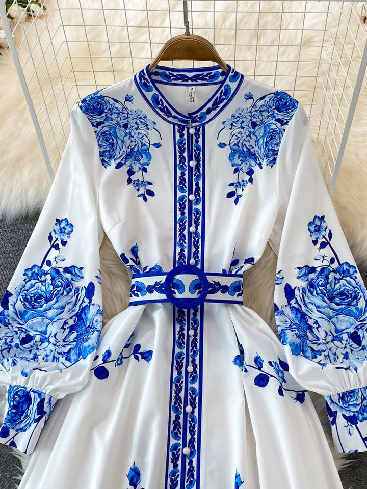 Drune Kleid mit Blumendruck Langes Laternenärmeliges Single Vintage