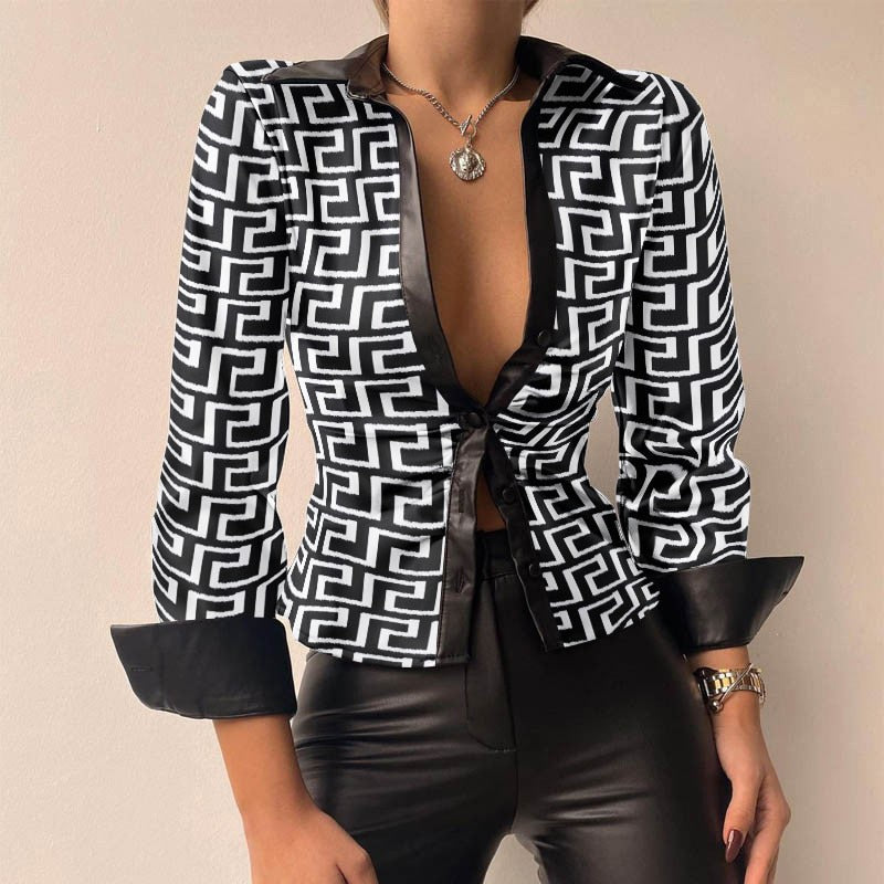 Drune V-Ausschnitt PU-Leder bedruckt Langarm Patchwork-Bluse