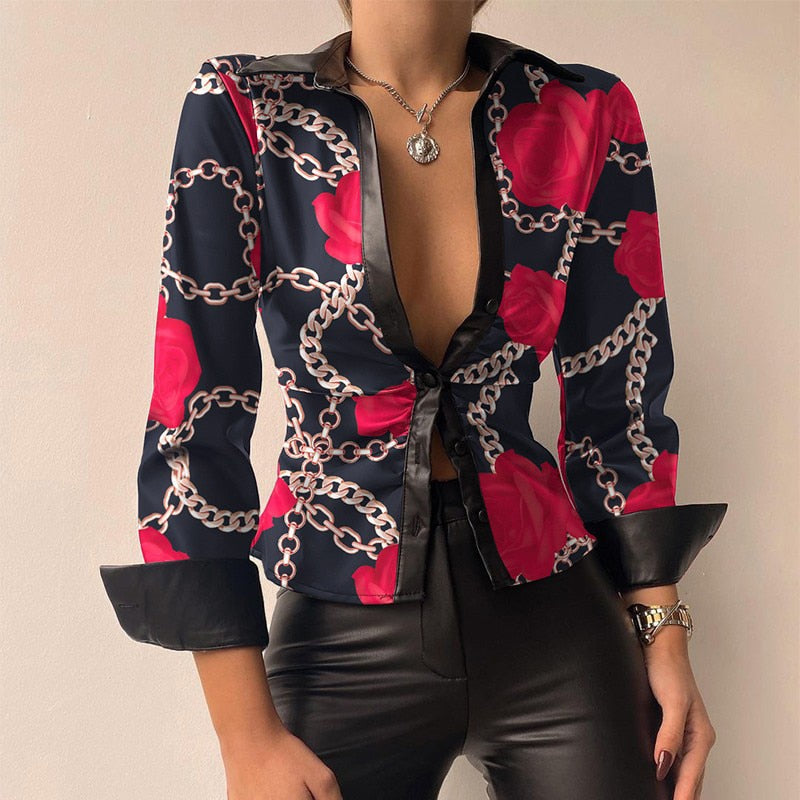 Drune V-Ausschnitt PU-Leder bedruckt Langarm Patchwork-Bluse