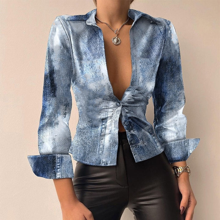 Drune V-Ausschnitt PU-Leder bedruckt Langarm Patchwork-Bluse