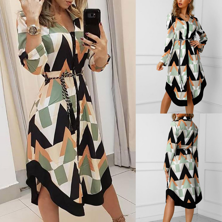Drune Wellen-Druck Lange Ärmel Kleid