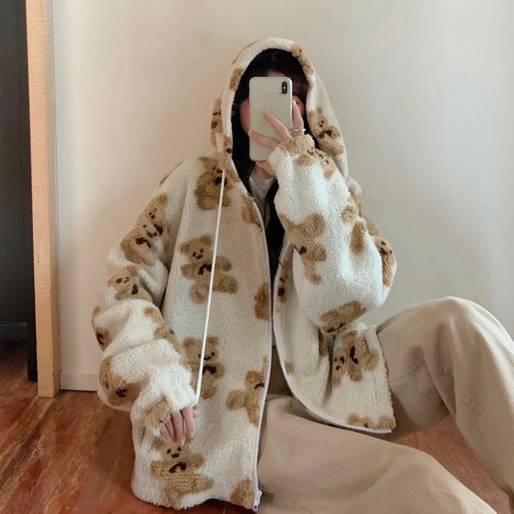 Drune Harajuku Bär Teddy Druck Plüsch Jacke flauschige Kapuze Oberbekleidung