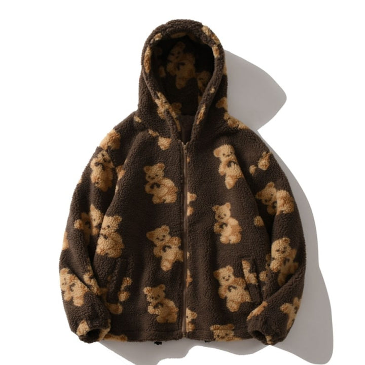 Drune Harajuku Bär Teddy Druck Plüsch Jacke flauschige Kapuze Oberbekleidung