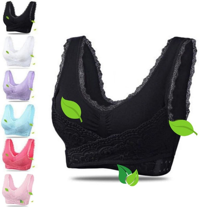 Ein schwarzer Spitzen-BH neben anderen Farboptionen, darunter Weiß, Lila, Blau, Rosa und Hellrosa